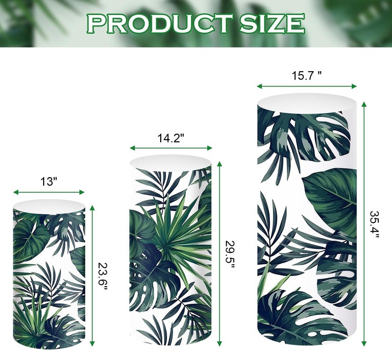 SaitiMade Set of 3 Green Leaves Cylinder Pedestal Stand Covers, 3pcs Spandex Green Leaves Cylinder Stand Covers for Party, Wedding or Birthday Event Decor (Only Contains Cylinder Covers) - Image 2